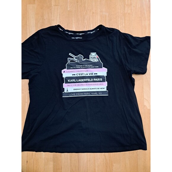 Karl Lagerfeld Tops - Karl Lagerfeld Paris Women's Rhinestone Logo Short Sleeve Black Tee Plus 1X Top
